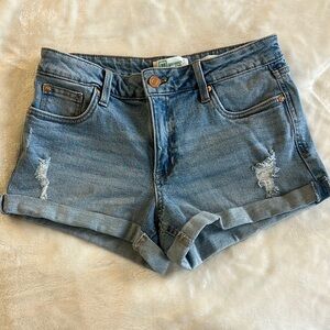 Blue Distressed Jean Shorts with Cuffed Hem